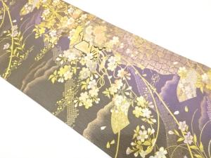 御所車に枝垂れ桜・菊・桔梗模様織り出し　振袖用袋帯